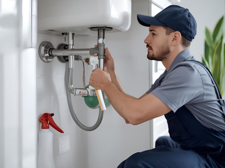 Professional plumber fixing a leaking pipe under a sink with clean tools