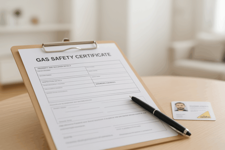 CP12 gas safety certificate issued by Kamdem Hometech for a Manchester landlord property.