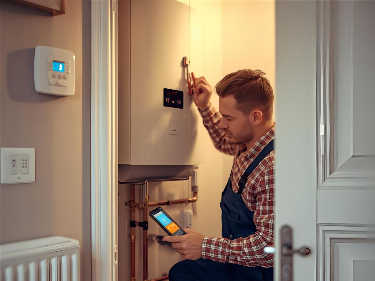Heating engineer in a Manchester home inspecting a central heating boiler with radiator and smart thermostat visible, performing professional heating system repair and installation.