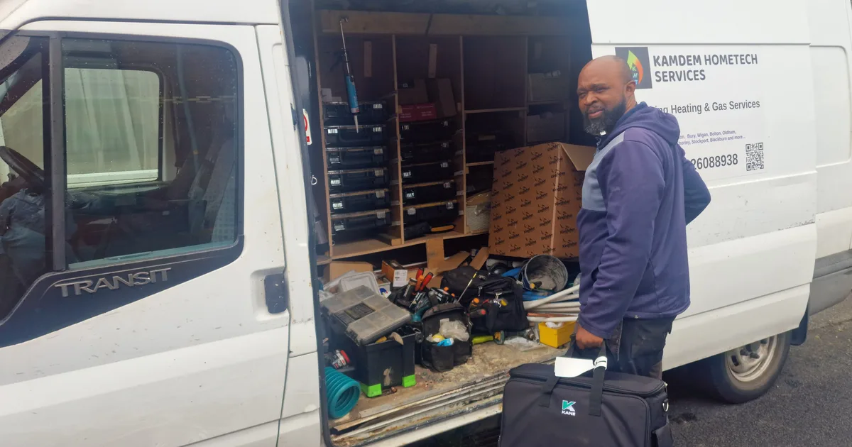 Appolin Kamdem, Gas Safe engineer (Reg. 559988), loading tools before a boiler installation call across Greater Manchester