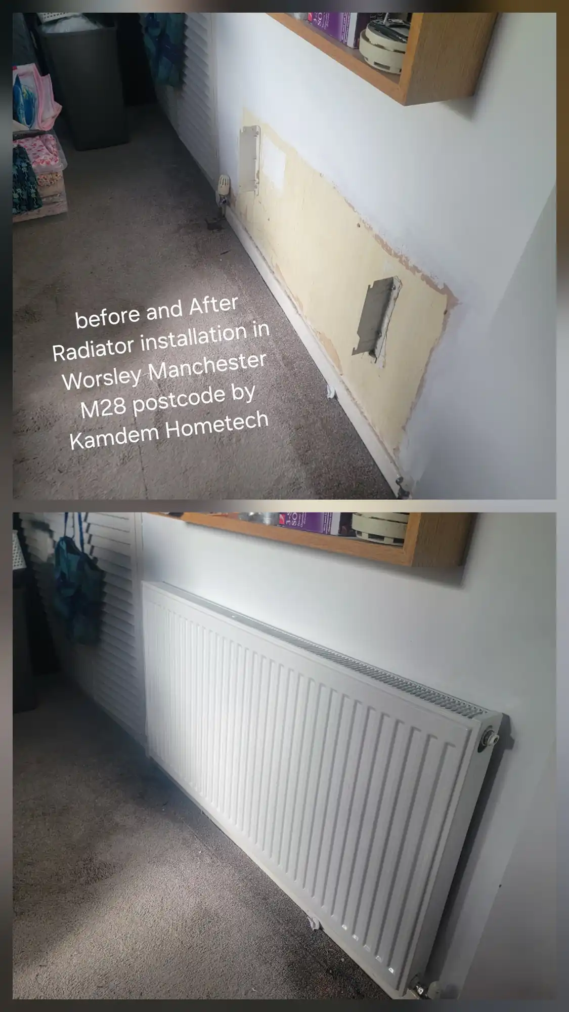 Before and after radiator installation in Worsley Manchester M28 by Kamdem HomeTech